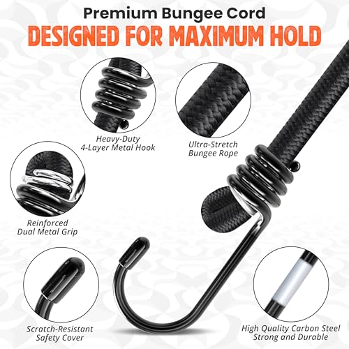 Bungee Cords with Hooks - Latex Made Heavy Duty Weatherproof & UV - Resistant Elastic Bungee Straps (Black, 60 Inches - Pack of 4) - size: 60 Inches - Pack of 4