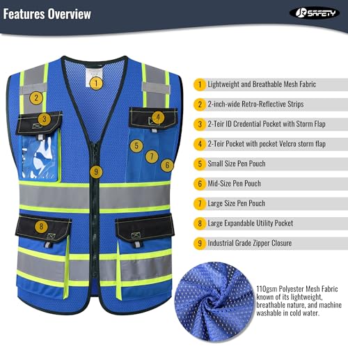 JKSafety Safety Vest for Men Women Hi Vis Reflective Vest JK220 Blue S - color: Blue, size: Small