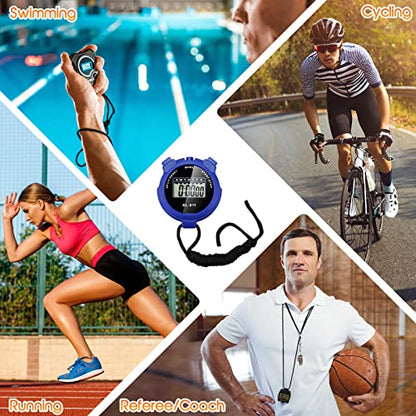 TOODOO 12 Pack Multi Function Digital Stopwatch Timer Bulk Sports Stopwatch with Lanyard Plastic Display Waterproof Date Time Alarm Timer for Coaches Fitness Referees - color: Black Blue Red Orange