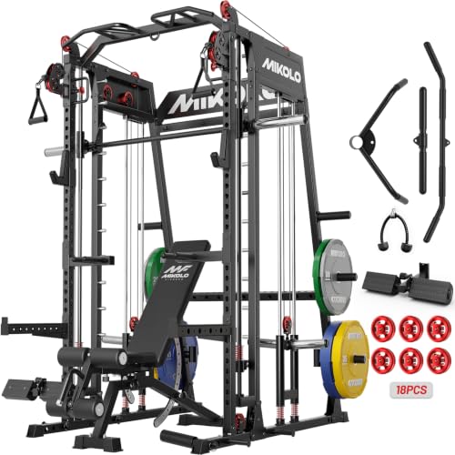 Mikolo M4 2.0 Smith Machine, 2200lbs Squat Rack with LAT-Pull Down System & Cable Crossover Machine, Training Equipment with Leg Hold-Down Attachment - color: Black, size: M4 2.0 Ultra Package (with Color BP230lbs)