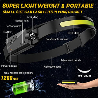 2 Pack LED Headlamp, Rechargeable Motion Sensor Wide Beam Headlight