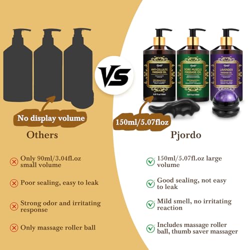 Pjordo 3 Pack Massage Oil for Massage Therapy, Lavender Oil for Relaxation, Sore Muscle Arnica Oil & Cellulite Massage Oil, with Massage Roller Ball & Thumb Saver Tool, Massage Kit for Him Her