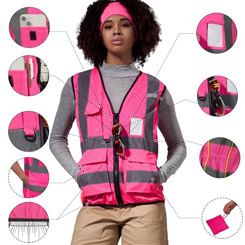 A-SAFETY High Vis Safety Vest for Women - Reflective Strips, Multi-Pockets, Zipper Closure - color: Pink, size: XXXXX-Large