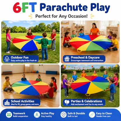 Sonyabecca Parachute for Kids 6' with 9 Handles Game Toy for Kids Play