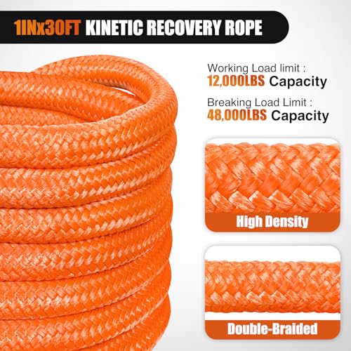 Nilight Kinetic Recovery Rope Kit with D-Ring Shackle Towing Strap - color: 1in x 30ft Rope+2Pcs Anti-Theft D-Ring Shackles