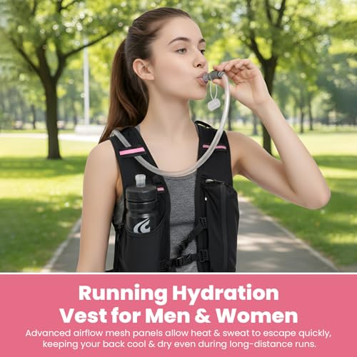 SBFIT Running Hydration Vest for Men and Women - Lightweight - Breathable and Sweatproof Backpack with 1.5L Insulated Water Bladder and Towel - Ideal for Jogging, Running - color: Pink