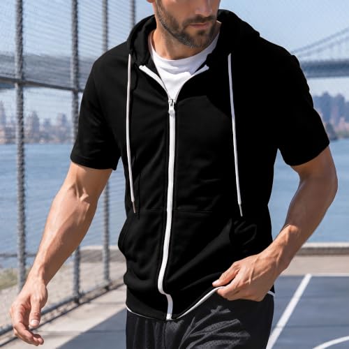 Ohoo Mens Slim Fit Zip up Hoodie Cotton Blend Soft Fabric Short Sleeve Lightweight Comfy Basic Jacket with Kanga Pocket - color: Dcf007-black, size: X-Large