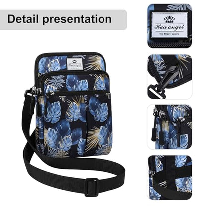 HUA ANGEL Multifunctional Fanny Pack for Men & Women Lightweight Waist Bag with 3 Zip Compartments, Cross body bag for Running Walking Sport Travel - color: Blue leaves