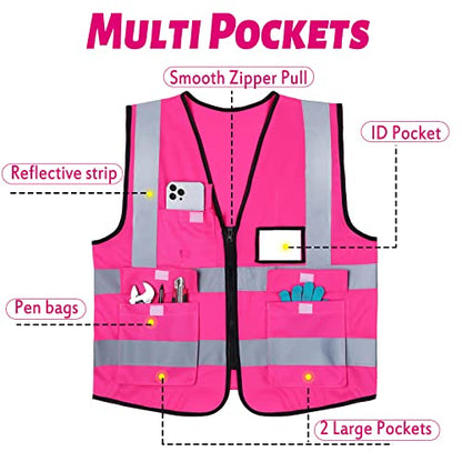 EBOOT 20 Pcs Pink Vests High Visibility Reflective Vest Safety Neon Bright Work Construction Vest with Pockets and Reflective Strips and Zipper for Women Men Outdoor Walking at Night - color: Pink