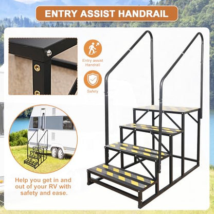 4 Step RV Stairs, Hot Tub Steps, Outdoor Spa Step Ladder with Double Handrail,Portable Economy 5th Wheel Stair for Travel Trailer, Motor Home, Camper and Porch with Non-Skid Tapes - size: RV Stairs - 4 Step with Double Handrail