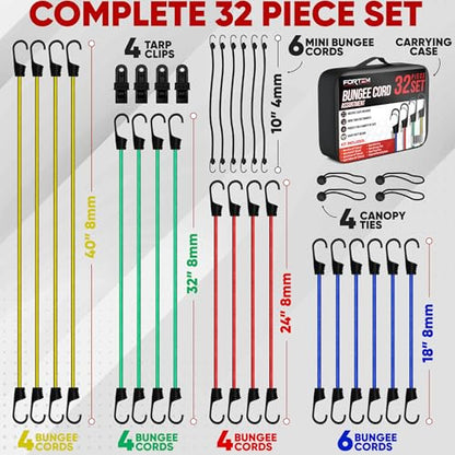 FORTEM Bungee Cords with Hooks, 32pk 10" 18" 24" 32" 40 Bungees & Tarp Ties - size: Pack of 32 Standard (10", 18", 24", 32", 40")