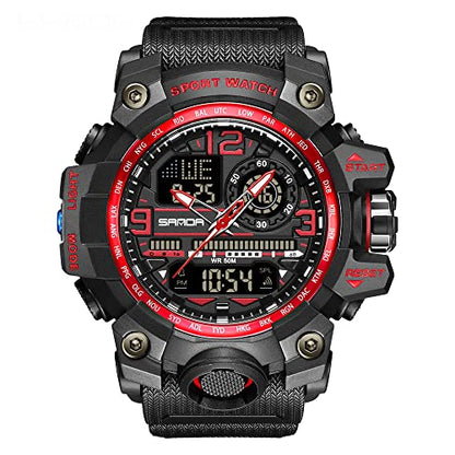 AIMES Men's Watches Sports Outdoor Waterproof Military Watch LED Date Alarm Stopwatch Multi-Function Tactics Big Face Wristwatch for Men - color: 3133-Red