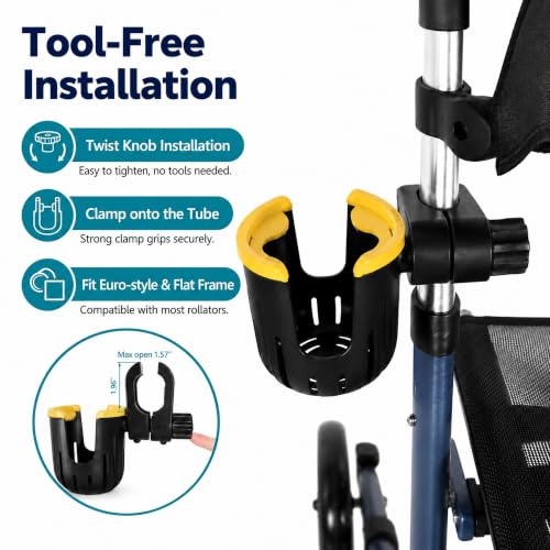 Walker Cup Holder for Rollator, Clip-On Drink Holder for Flat Frame Walkers