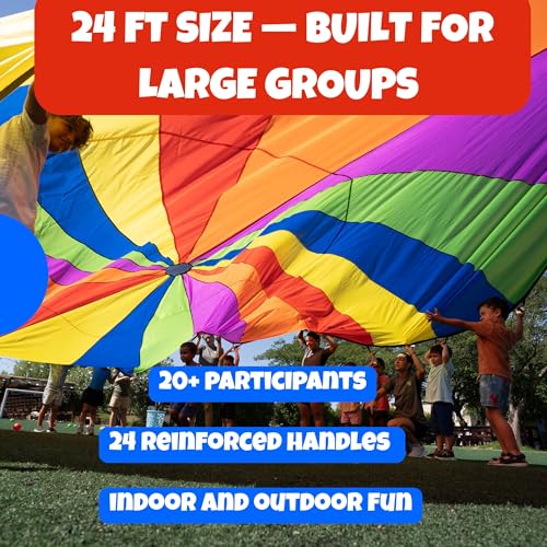 Activejoy - Parachute for Kids - 8ft /12ft / 16ft / 20ft / 24 ft / 30ft - Rainbow Parachute Toy with Handles - Great for Gym Class, Field Day & Outdoor Games - size: 24FT - 24 HANDLES