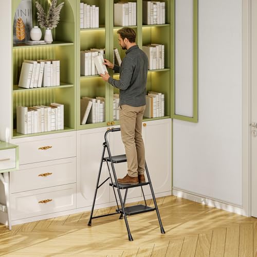 KINGRACK 3 Step Ladder Folding Step Stool with Handrail for Kitchen Black - size: 3-step