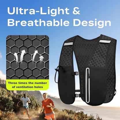 Running Vest for Women Men, Hydration Vest with 1.5L Water Bladder, 4.4 oz Ultra-Light Breathable Design, Adjustable No-Bounce Straps, Reflective Pockets for Trail Running, Marathon, Hiking, Cycling