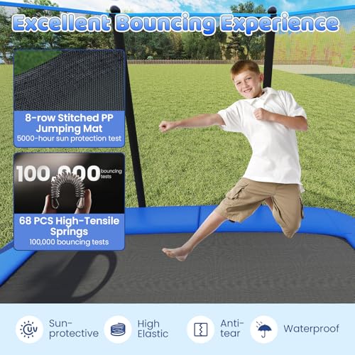 GYMAX Trampoline Outdoor, 10 x 8FT Rectangle Trampoline with Basketball Hoop, Soccer Goal, Anti-Slip Ladder & Shoes Storage, Heavy Duty Backyard Trampolines for Kids & Adults - color: Blue