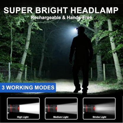 LED Rechargeable Headlamp with Motion Sensor, Zoomable, 90° Adjustable