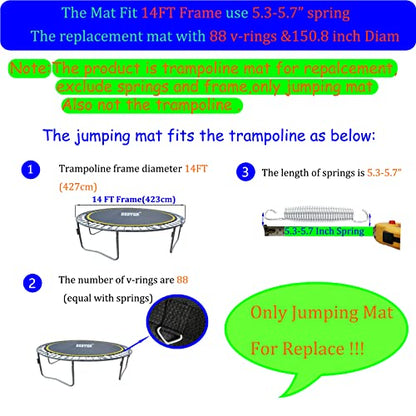 Trampoline Replacement Mat,Mat Diameter:11.97-12.56FT,Fits 14ft Trampoline Frame,with 72 80 84 88 96 Rings for Choose,Fits 5.3-8.5 Inch Springs(Need to Choose),Spring and Frame not Include. - style: 88 V-Rings/150.8" Diam/Fits 5.3"-5.7"Spring
