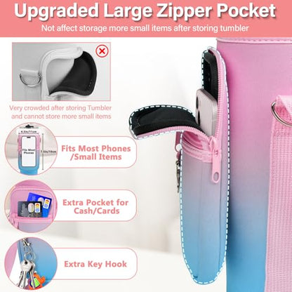LEFOR·Z Water Bottle Carrier Bag with Phone Pocket Compatible with Stanley/Meoky 40 oz Tumbler with Handle,Water Bottle Holder Pouch with Adjustable Strap Compatible with Stanley Cup Accessories - color: Pink-Blue Gradient-Style B