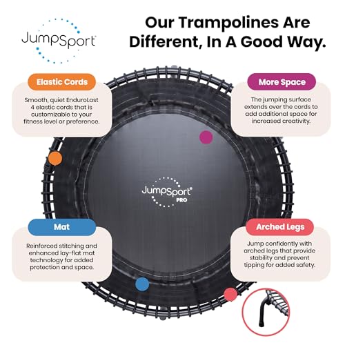 JumpSport 550 Workout Rebounder for Adults, 44" | PRO CE | Mini Exercise Fitness Trampoline Jumper with Cables | Black - color: Matte Black, style: Foldable Frame / Skirt Mat