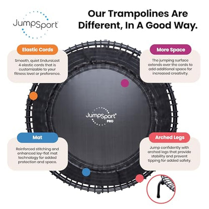 JumpSport 550 Workout Rebounder for Adults, 44" | PRO CE | Mini Exercise Fitness Trampoline Jumper with Cables | Black - color: Matte Black, style: Foldable Frame / Skirt Mat
