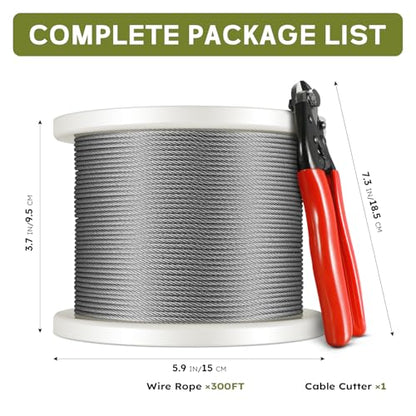 300FT 1/8" Stainless Steel Cable, 7x7 Wire Rope - size: 300 ft