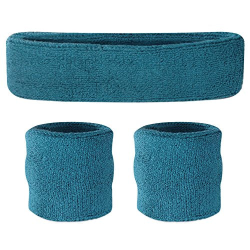Suddora Sweatbands Set, Moisture Wicking 2 Wristbands and 1 Headband, Breathable Terry Cloth Athletic Bands for Basketball, Tennis, Yoga, Gym, Sweat Bands for Costumes and Cosplay - color: Teal
