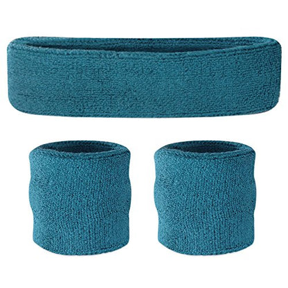 Suddora Sweatbands Set, Moisture Wicking 2 Wristbands and 1 Headband, Breathable Terry Cloth Athletic Bands for Basketball, Tennis, Yoga, Gym, Sweat Bands for Costumes and Cosplay - color: Teal