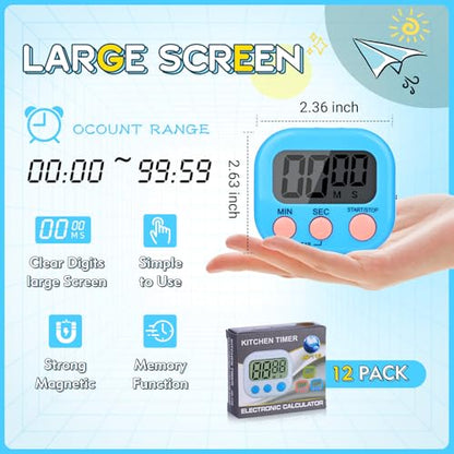 Mwellewm Digital Timers for Classroom Kids Kitchen Timers for Cooking 12 Pc - color: Black, Orange, Pink, Green, Blue, White