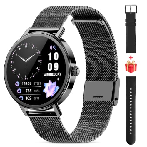 Smart Watches for Women Android iPhone(Answer/Make Calls), HD Screen Fitness Tracker with Heart Rate/Sleep Monitor/100+ Sport Modes, IP68 Waterproof, AI Voice Built-in, 2 Straps (Metal + Silicone) - color: Black