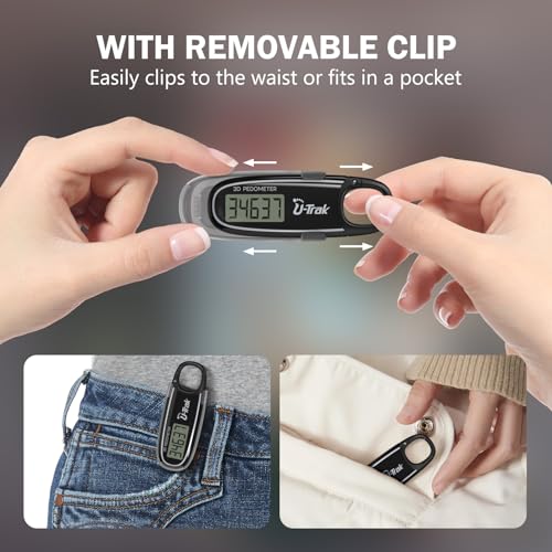 3D Pedometer for Walking with Removable Clip and Carabiner Simple Step Counter for Walking Accurate Clip On Step Tracker for Men Women Kids - color: Black