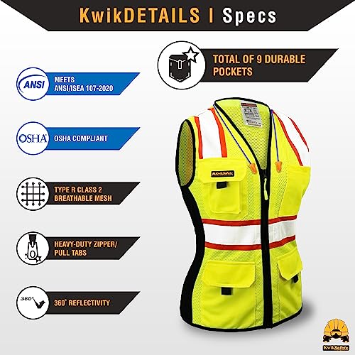 KwikSafety FIRST LADY Safety Vest for Women Class 2 ANSI OSHA Hi Vis Vest - color: Yellow, size: X-Small