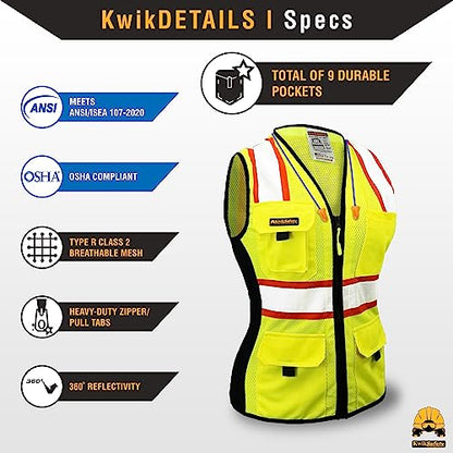 KwikSafety FIRST LADY Safety Vest for Women Class 2 ANSI OSHA Hi Vis Vest - color: Yellow, size: XX-Large