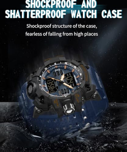 FANMIS Men's Analog Digital Sports Watch 50M LED Backlight Military Watch - color: X Black Blue