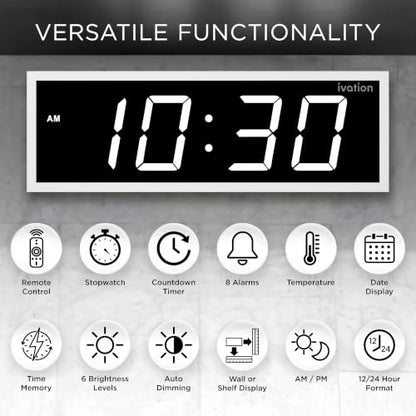 Ivation Large Digital Wall Clock with Big LED Display & Timer, 18" - color: White, size: 18" x 6"