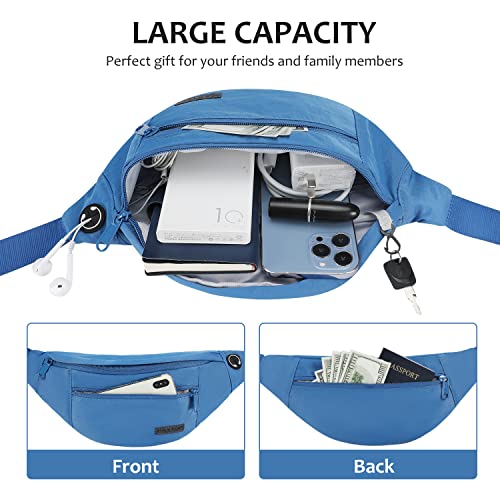 Large Blue Crossbody Fanny Pack for Women Men Belt Bag Fit All Phones - color: Blue(Washed Nylon with Blue Zipper)