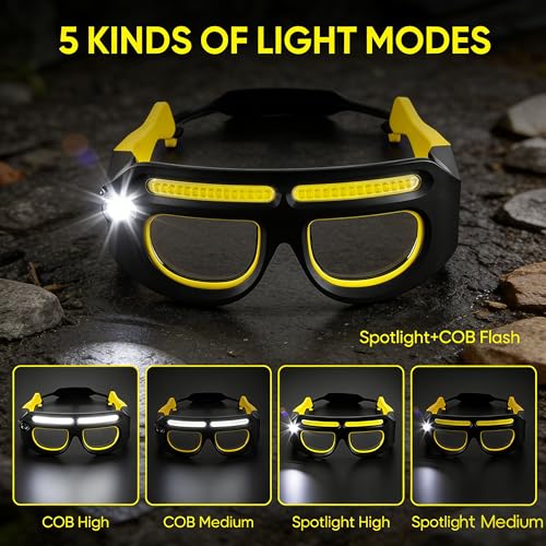 LED Rechargeable Headlight Glasses with Motion Sensor & Touch Control 5 Modes USB C Light Up Glasses Lighted Eyewear - color: Yellow-1