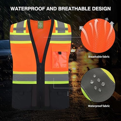 Gasoline Class 2 High Visibility Reflective Safety Vests Women & Men With 5 Pockets And Zipper Front,Meets Ansi/Isea - color: Orange Black, size: X-Small