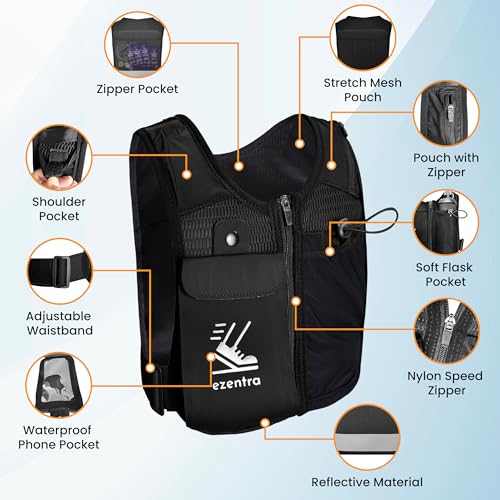 Running Vest Zip, Reflective Running Vests with 6 Pockets, 500ml Hydration Bottle, Adjustable Chest & Waistband, Breathable Material, Chest Pack Gear, Phone Holder, Men & Women