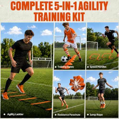 Simple Deluxe Agility Ladder Speed Training Equipment Set, 20ft Speed Ladder, 4 Adjustable Hurdles, Resistance Parachute, 12 Soccer Cones, Jump Rope, Ground Stakes for Football & Fitness - color: Orange