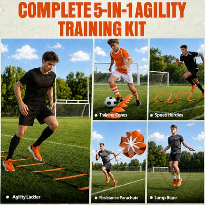 Simple Deluxe Agility Ladder Speed Training Equipment Set, 20ft Speed Ladder, 4 Adjustable Hurdles, Resistance Parachute, 12 Soccer Cones, Jump Rope, Ground Stakes for Football & Fitness - color: Orange