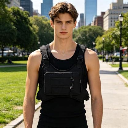 1PC Black Tactical Chest Rig Bag Multi-Pocket Utility Outdoor Chest Pack for Men Cycling Hiking Travel Lightweight Breathable Adjustable Shoulder Strap Sports Running