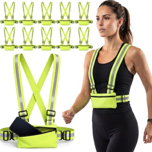 Hercicy 10 Pack Reflective Safety Vest with Zipper Pocket, Adjustable High Visibility Reflective Vest for Adults, Elastic Reflector Straps for Running, Walking, Cycling, Construction, Night Safety