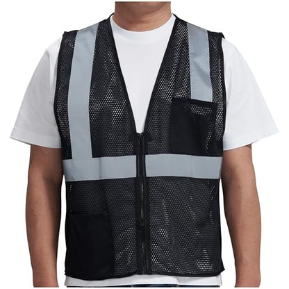 AYKRM 2 Pocket Mesh High Visibility Reflective Safety Vest for men & Women ANSI/ISEA 107 Standards - color: Black, size: 6X-Large