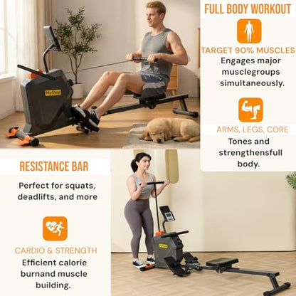 Magnetic Rowing Machine, Quiet Foldable Rower with 8-Level Resistance, LCD Monitor & Tablet Holder, Full-Body Low-Impact Cardio Equipment, Optional 2-in-1 Strength Training - color: Black/Gray/2-in-1 Strength Training