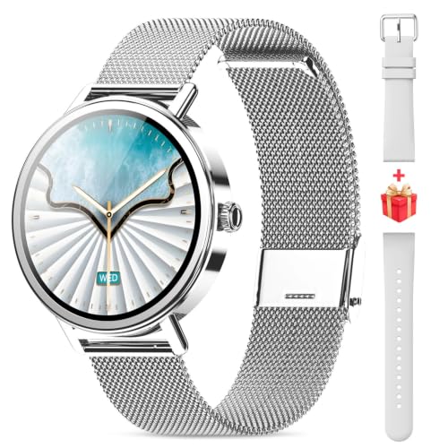 Smart Watches for Women Android iPhone(Answer/Make Calls), HD Screen Fitness Tracker with Heart Rate/Sleep Monitor/100+ Sport Modes, IP68 Waterproof, AI Voice Built-in, 2 Straps (Metal + Silicone) - color: Silver