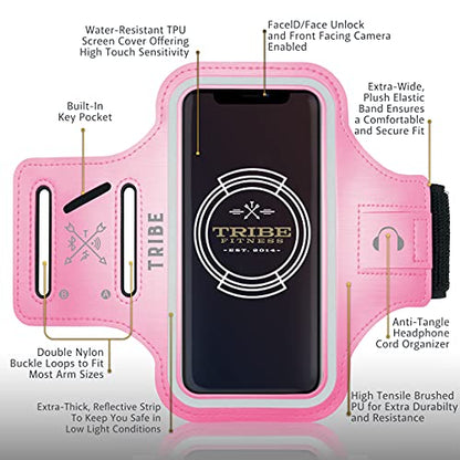 TRIBE Water Resistant Cell Phone Armband Case Running Holder for iPhone Pro Max Plus Mini SE (13/12/11/X/XS/XR/8/7/6/5) Galaxy S Ultra Plus Edge Note (21/20/10/9/8/7/6/5) Adjustable Strap & Key Pocket - color: Pink, size: S: iPhone Mini/8/7/6/5/4/3/SE/Gal