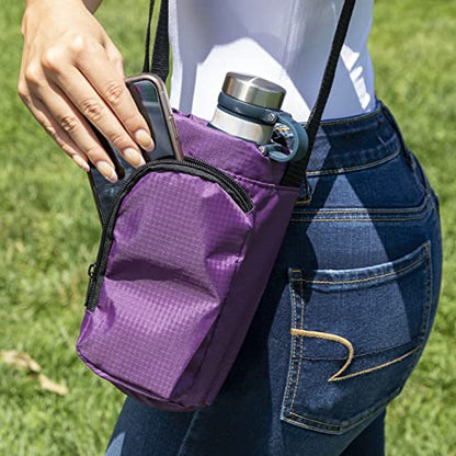 Trail maker Water Bottle Carrier Bag with Strap, Phone Pocket for Walking, Runs, Bike, Stainless Steel, Glass, Plastic - color: Purple