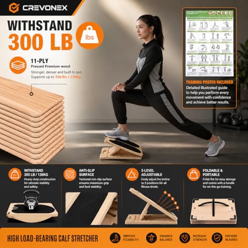3-in-1 Adjustable Wooden Slant Board for Calf Stretching, Calf Stretcher, Slant Board for Exercise, Adjustable Incline Stretch Board, Non-Slip Squat Wedge for Legs, Ankles & Feet, 400 lbs Capacity